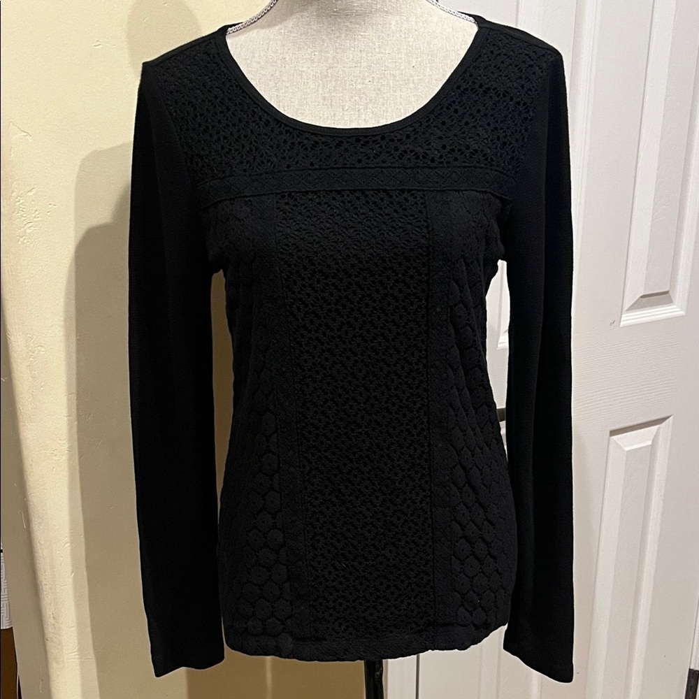Lucky Brand Black Long Sleeve Knit Top with Lace Front